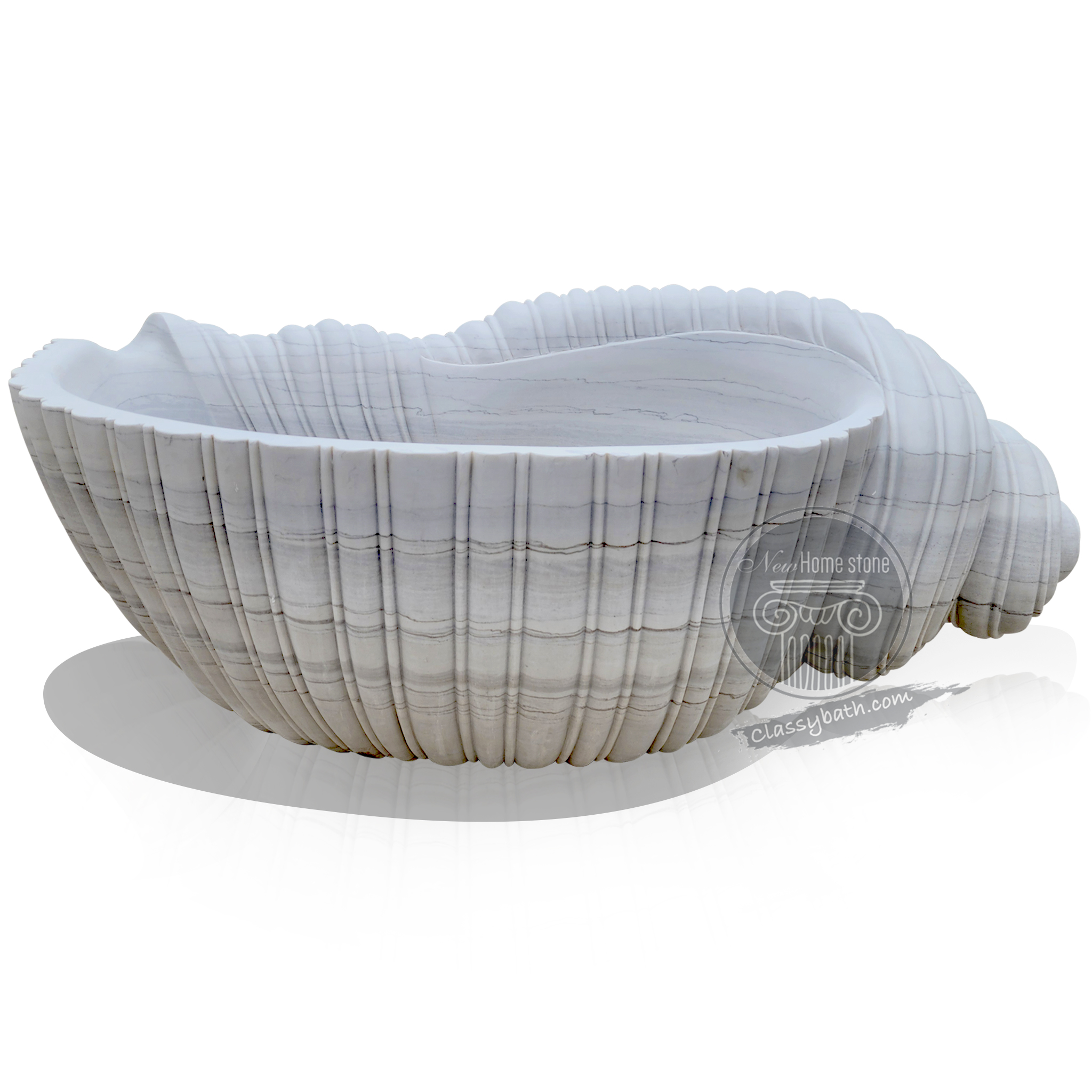 Hand-Carved Conch Design White Marble Bathtub