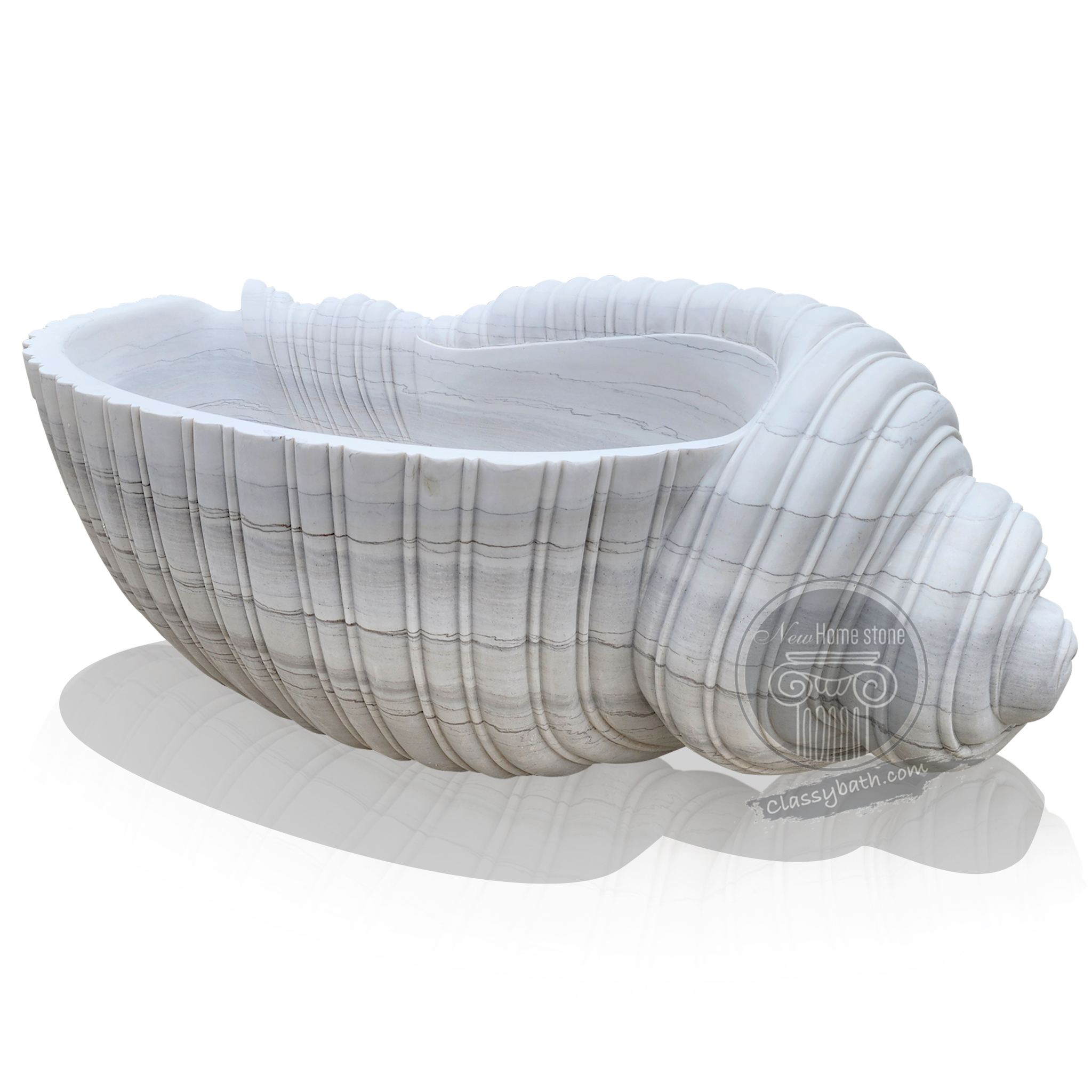 Hand-Carved Conch Design White Marble Bathtub