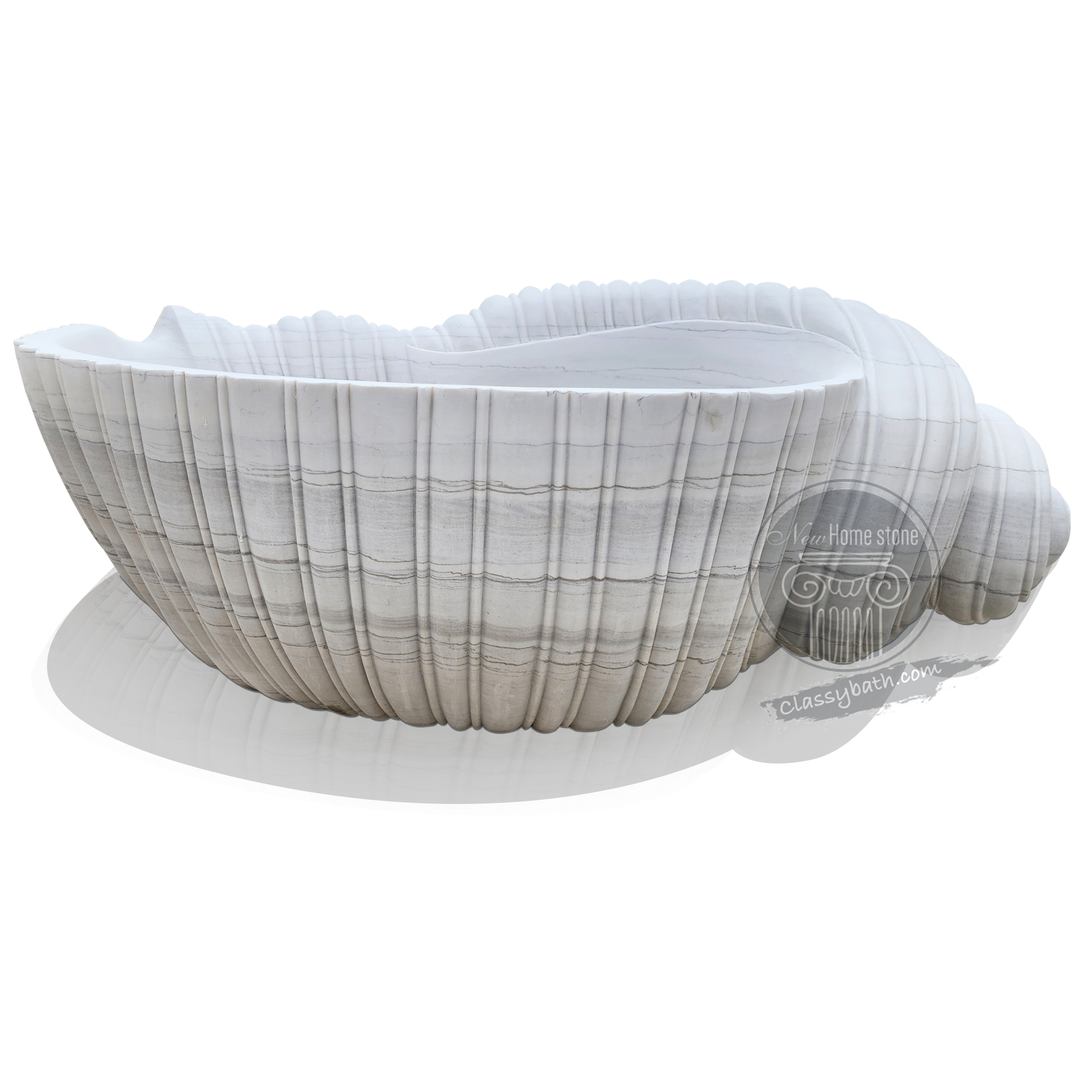 Hand-Carved Conch Design White Marble Bathtub